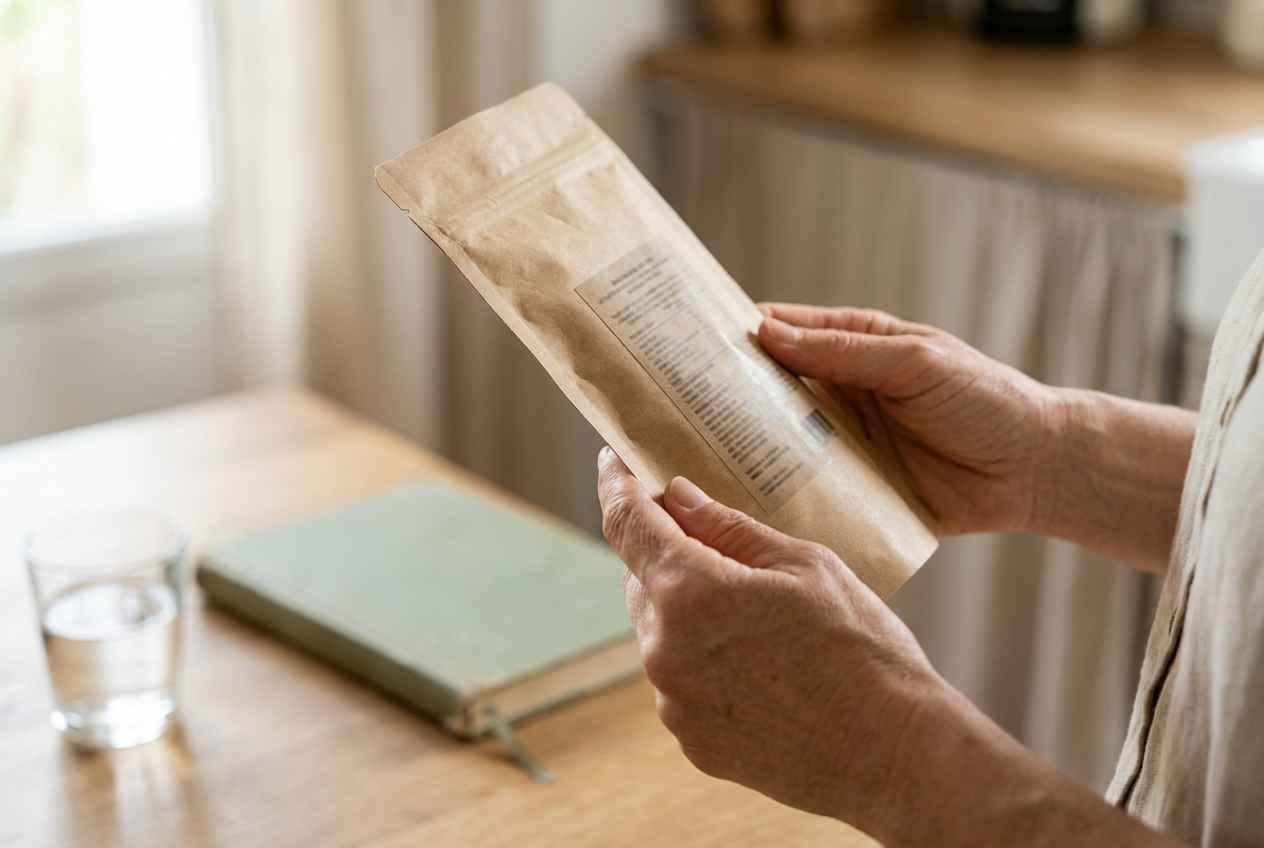 Mains tenant un sachet kraft dont on lit la liste d’ingrédients sur l’étiquette