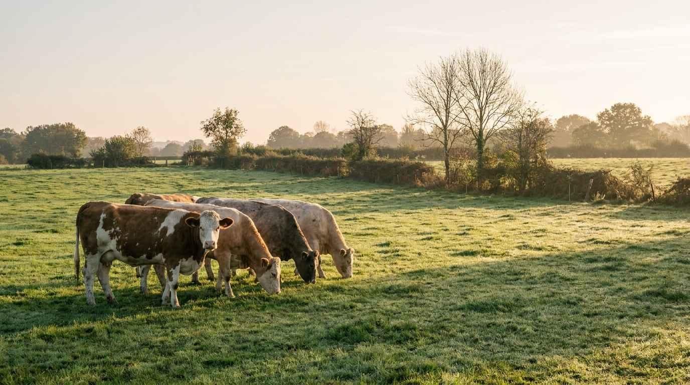 Vaches au pâturage dans un champ au lever du jour