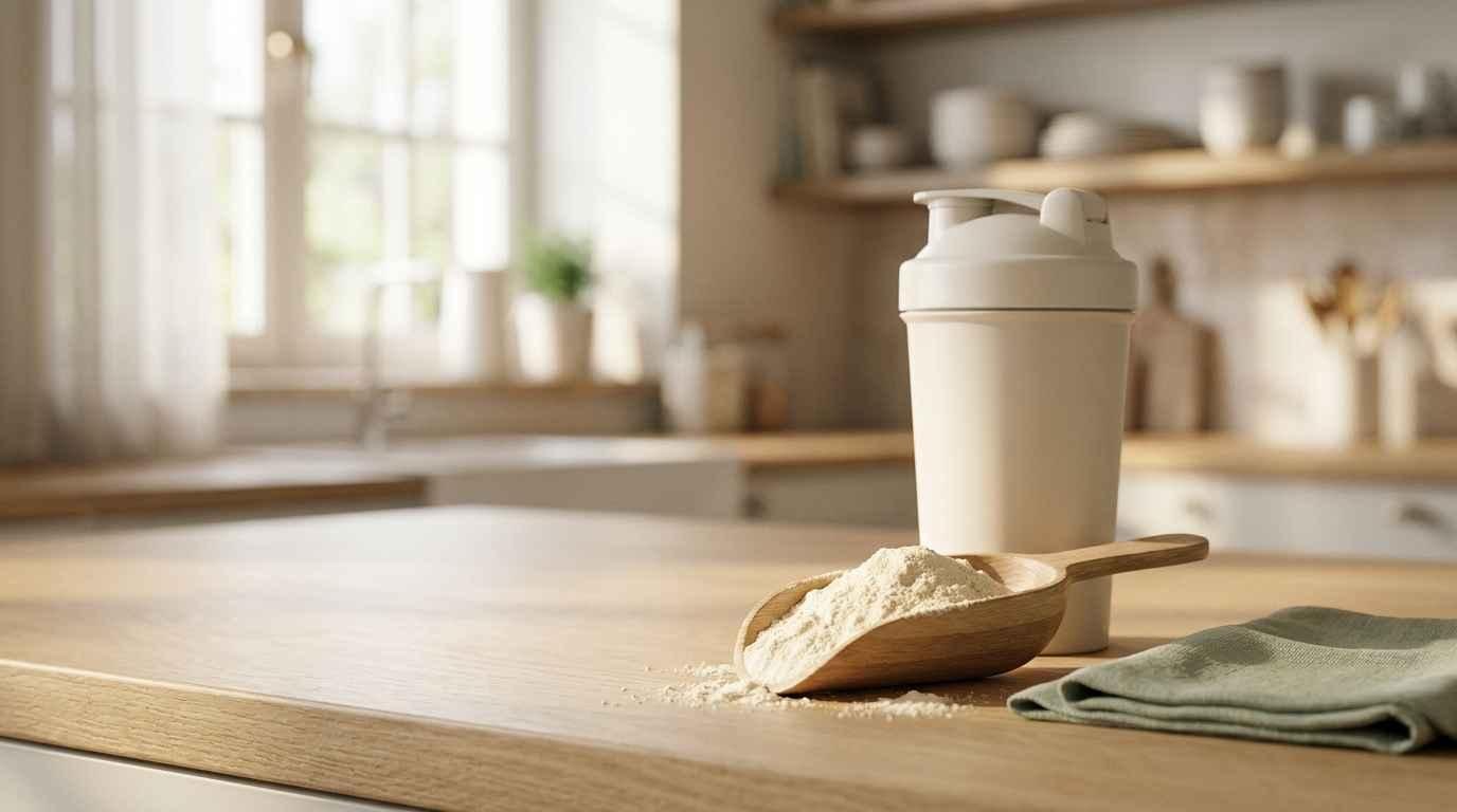 Shaker et dose de whey en poudre dans une cuillère en bois sur un plan de travail de cuisine